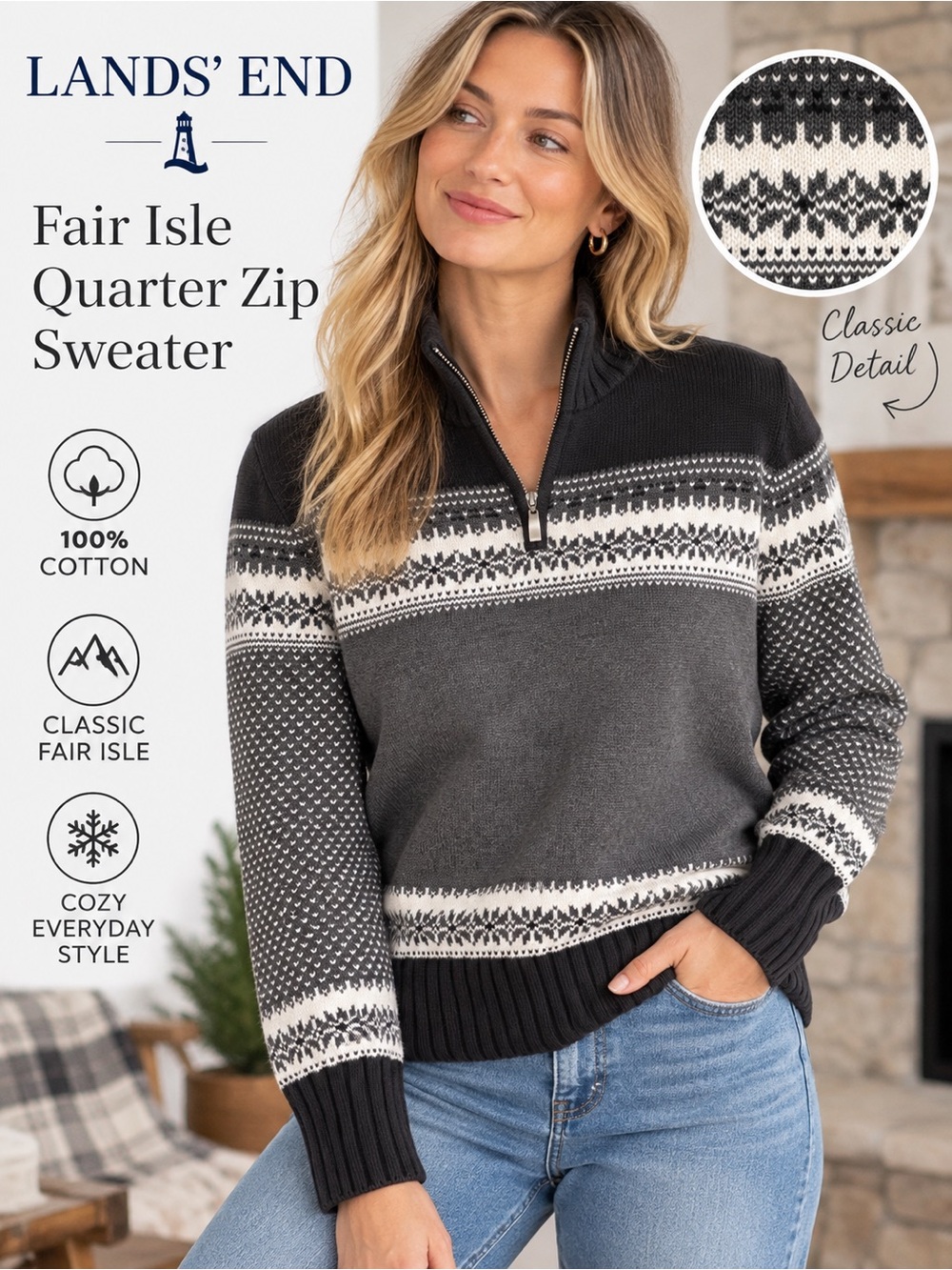 Lands’ End XL Fair Isle Nordic Quarter Zip Cotton Sweater Gray Black Ivory